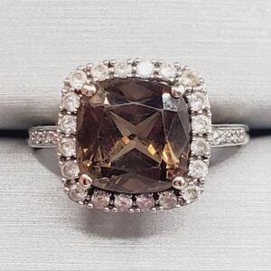 10K Solid White Gold Smoky Quartz, Diamond & White Topaz Halo Ring